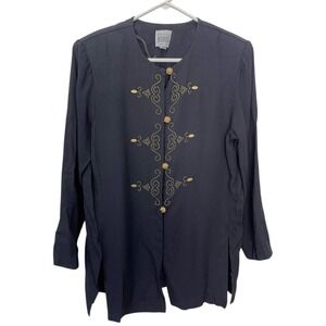 Vintage R&M Richards by Karen Kwong Petite 14 Black Tunic Top Gold Beads